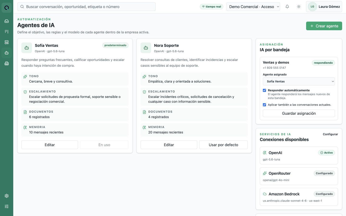 Configuración real de agentes de IA de Qrioso CRM con datos simulados.